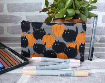 Black cat pencil case, cat in a pumpkin patch, halloween pencil case, black cat, gift for her, gift for cat lover, christmas gift, halloween