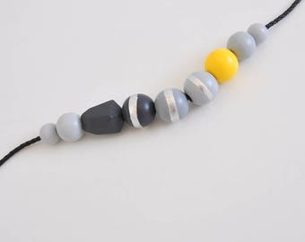 Wooden bead necklace. Modern necklace. Unique necklace. Gray and yellow necklace. Geometric necklace. Beaded necklace. Yellow necklace.