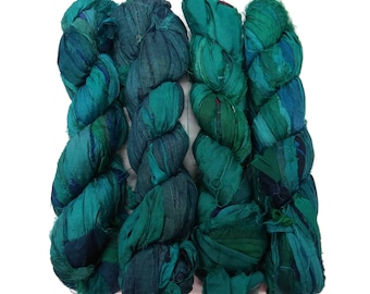 New! Recycled Sari Silk Ribbon, 100g skeins , Teal Medley