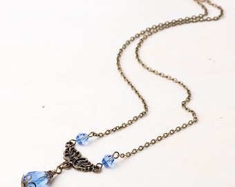Gothic/Victorian Filigree Crystal Pendant Necklace with Antique Bronze Chain-Emerald/Siam/Sapphire