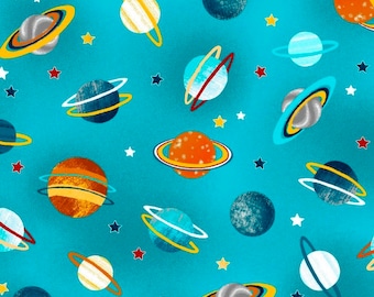 Planets Teal Space Adventure Studio E Fabric