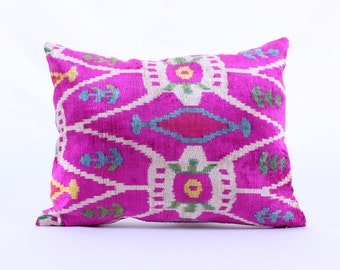 Ikat, Velvet, Pillow Cover, Uzbek, Soft, Ikat, White, Pink, Pillow, Velvet Pillow, Decorative Throw Pillow Cover, Accent Velvet,
