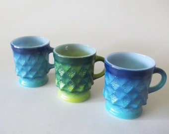 Fire King Anchor Hocking Kimberly Glass Mugs / Cups, Oven-Proof, Blue & Green Set of 3, USA 1960s