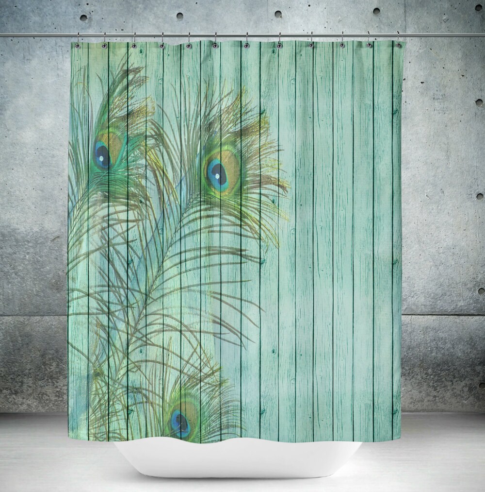 Shower Curtain Turquoise Peacock Weathered Wood Shabby Cottage