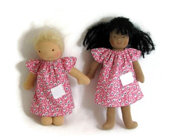 8 to 10 inch thin Waldorf pink and blue doll dress and optional knickers, toy clothing, thin doll dress, slim doll dress