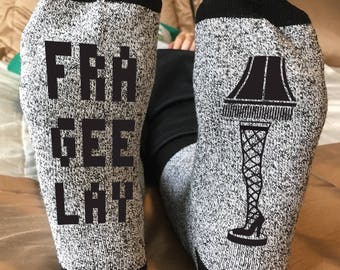 New Holiday Socks "Fra-Gee-Lay" Unisex Thermal Crew Socks for Christmas, Ugly Sweater Party, Christmas Story Fans, Leg Lamp Enthusiasts