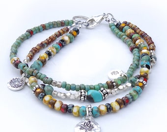 Seed Bead Bracelet, Free Shipping, Beaded Boho Bracelet, Boho Bracelet, Turquoise Bracelet, 3 Strand Beaded Bracelet, Seed Bead Bracelet