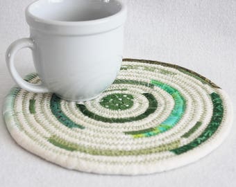 Coiled Rope Mat / Fabric Coiled Mat / Mug Rug / Trivet / Hot Pad / Round Coiled Mat / Thick Rope with Green by PrairieThreads
