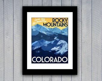 Colorado Travel Print Rocky Mountains Vintage Style Poster in Deep Blue, Yellow, Orange Textures