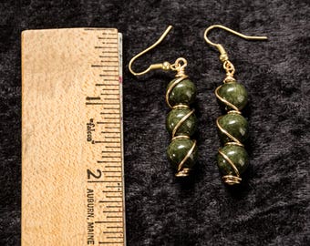 Gold Wire Wrapped Green Glass Bead Dangle Earrings