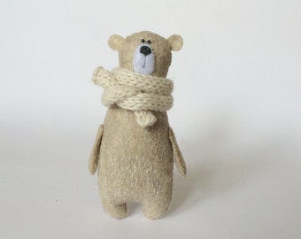 Felt Bear In Knitted Scarf, Stuffed Bear, Gift for Her, Felted Miniature Animals, Felt Animals, Teddy Bear Toy, Woodland Plushie