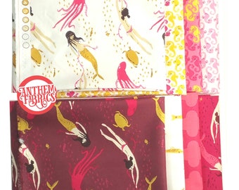 Mendocino Heather Ross Windham Fabrics, Fat quarter 8-pc set - Pink/Yellow Palette cotton quilting fabric bundle