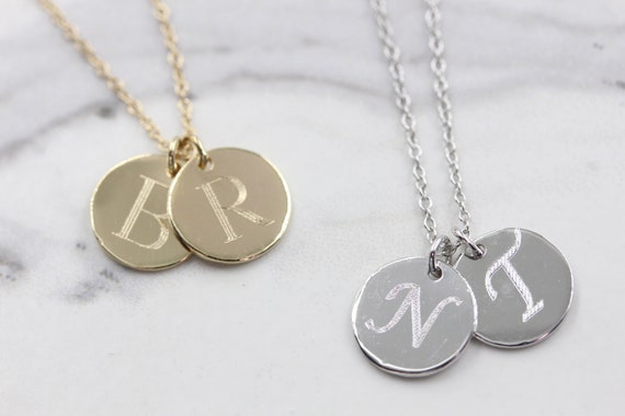 14k solid gold double initial necklace personalized discs