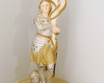 Joan of Arc Statue, The Maid Of Orleans With Banner And Flag circa 1890, Hand Painted Plaster Statue, Lovely Antique Condition 23 Ins Tall