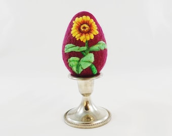 Easter Egg - Needle Felted - Burgundy Egg - Felt Easter - Needlefelt Egg - Sunflower -Yellow - Felt Flowers - Easter Decor - Easter Gift