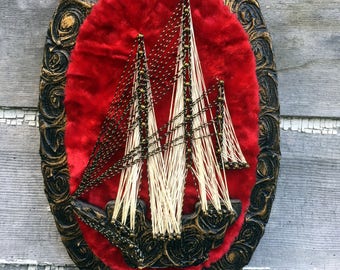 Vintage Mid Century String Art Spanish Ship On Crushed Red Velvet