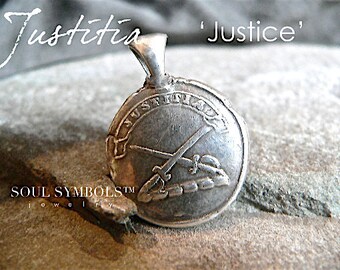 JUSTICE, INTEGRITY Wax Seal Stamp Pendant, Mens Talisman Jewelry, LATIN, Crossed Swords, Sterling Charm, Your Daily Jewels, Jewellery