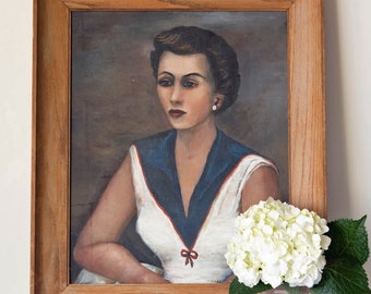 1940s Lady Oil Portrait Painting of Woman on Canvas, signed