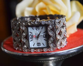 Vintage Art Deco marcasite Swiss watch bracelet 1920's downton Abbey Gatsby