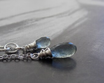 Moss Aquamarine Briolette Sterling Silver Necklace, Gemstone Necklace, Minimalist, Modern, March Birthstone