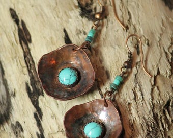 TURQUOISE & COPPER EARRINGS ~Hand Forged ~Hand Crafted ~Dangle Earrings ~Boho ~ Bohemian ~December Birthstone ~Gift for Her ~Hammered ~Gypsy