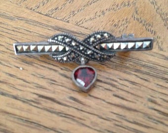Red Garnet and Marcasite Sterling Silver Bar Pin
