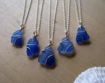 Cornflower Blue Sea Glass Necklaces Great Bridesmaid Gift for a Beach Wedding Simple Wire Wrapped Blue Beach Glass Real Seaglass Jewelry