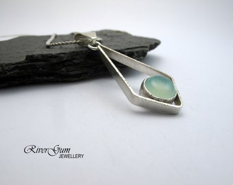 Aqua Blue Chalcedony & Sterling Silver Pendant, Gemstone Jewelry, Fabricated, Metalwork, Handmade by RiverGum Jewellery