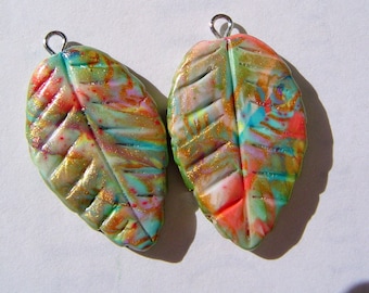 Colorful Leaf Charms Handmade Artisan Polymer Clay Charm Pair