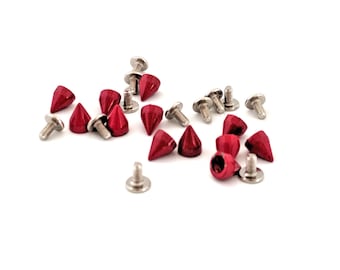 Red Spikes / Metal Cone Studs / Red Cone Studs / Red Cone Rivets / Screw in Studs / 8mm Red Studs / 8mm Cone Studs / SET of TWELVE
