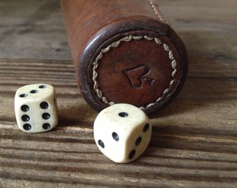 French Leather Dice Shaker Cup and Bakelite Dice