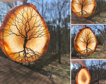 Aged Beauty Tree-of-Life Agate Slice Sun Catcher, One of a Kind SunCatcher, Sun Catcher, Gemstone, Wire Wrapped Tree, Window Decor, Home