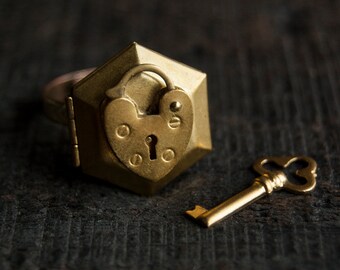Poison Ring Locket - Gold Brass Heart Hexagon Secret Compartment