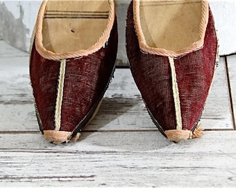 Antique Children Shoes Edwardian Hand Carved Wood Clogs Early Coarse Textiles Mules Slippers 1900's