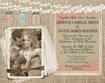 Burlap and Lace, Coral and Mint Wedding Invitation, Invite, Mason Jar, Rustic, Photo Invitation, Digital File, Printable, 5x7