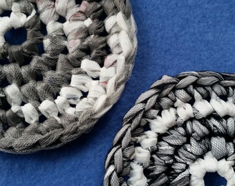 Two Plarn Dish Scrubbies, black and white, gray and silver, recycled plastic bags, dish scrubby pot scrubber