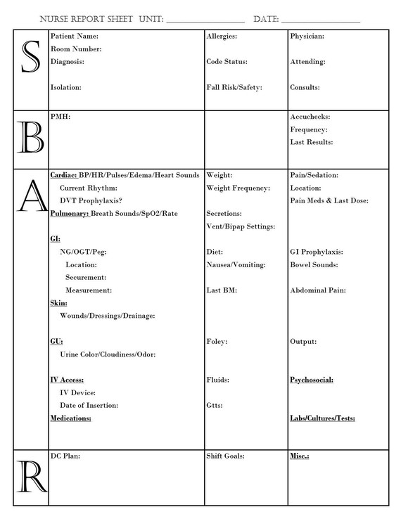 SBAR Nurse Report Brain Sheet Printable