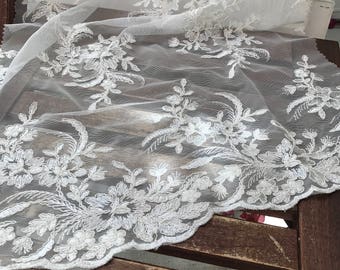 Claire WHITE Floral Corsage Embroidered on Mesh Lace Fabric by the Yard - SKU 1022