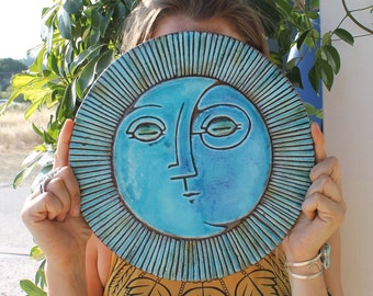 Decorative tile with sun and moon design, ceramic tile, outdoor wall art, bathroom wall decor, decorative tile, ceramic wall art #4 XL 30cm