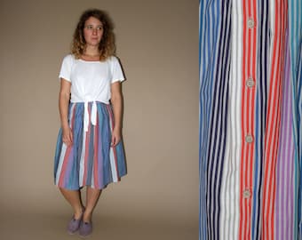 60's vintage women's Louis London colorful striped pleated high waisted midi skirt