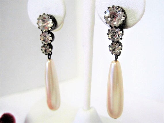Faux Pearl Earrings, 3 Rhinestones, Pearl Lobe Dangles, Wedding Drop Pierced Earrings