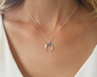 Silver horn necklace, Silver necklace, Double horn necklace, Boho necklace, Tusk necklace, Charm necklace, Crescent pendant, Bone necklace