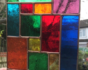 Copper Stained Glass Panel Multi Colour Abstract Suncatcher Art Stain Glass Panel Color- CRhodesGlassArt