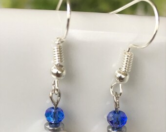Classy fresh-water pearl and blue crystal dangle earrings
