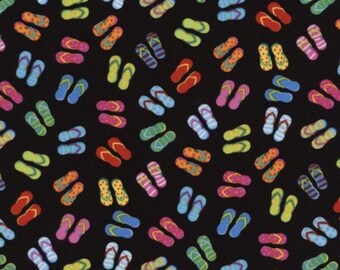 Flip flop cotton fabric black with bright colored flip flops by Timeless Treasures gail C-3749