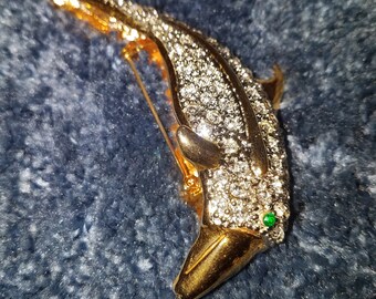 Large Dolphin Shoulder Brooch Enamel Figural Pin Two Tone Gold & Silver Vintage
