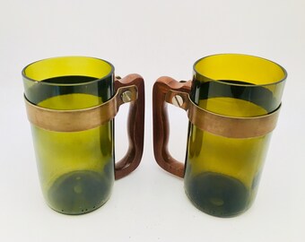 UPCYCLED BEER MUG- Made for recycled Olive Green Wine Bottle Tumblers