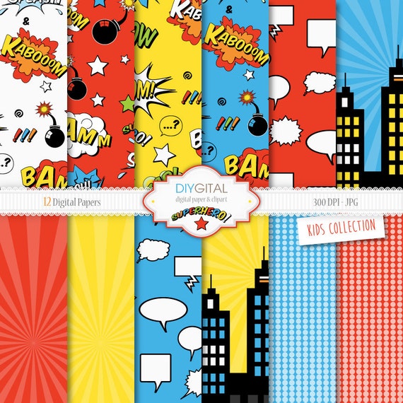 Superhero Digital Paper Set 12 Super Hero Digital Papers with