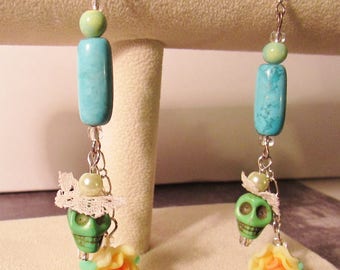 Blue & Yellow Sugar Skull Earrings Halloween Dia De Los Muertos Handmade