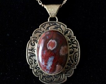Lupita - Mexican poppy jasper and etched brass pendant